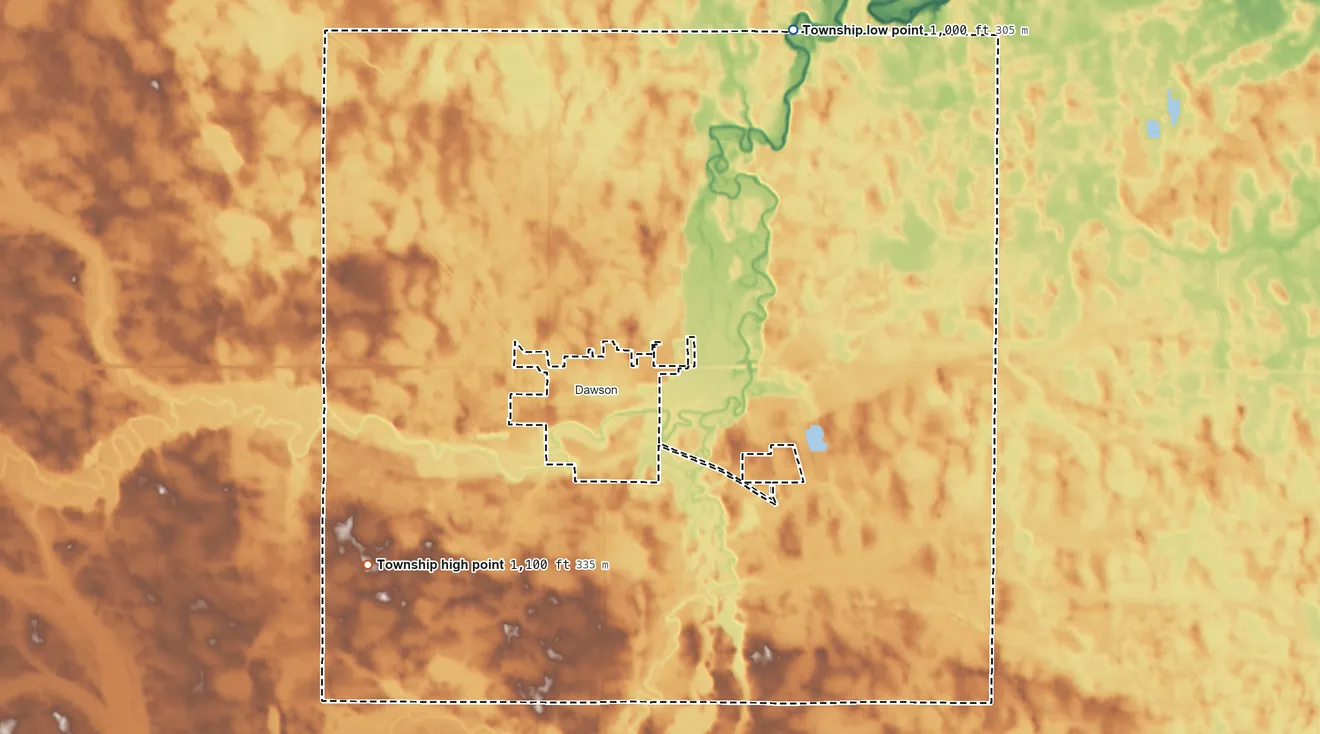 Topographic elevation map of Riverside Township, Minnesota, shaded from 1,000 ft on the northeast side to 1,100 ft on the southwest side