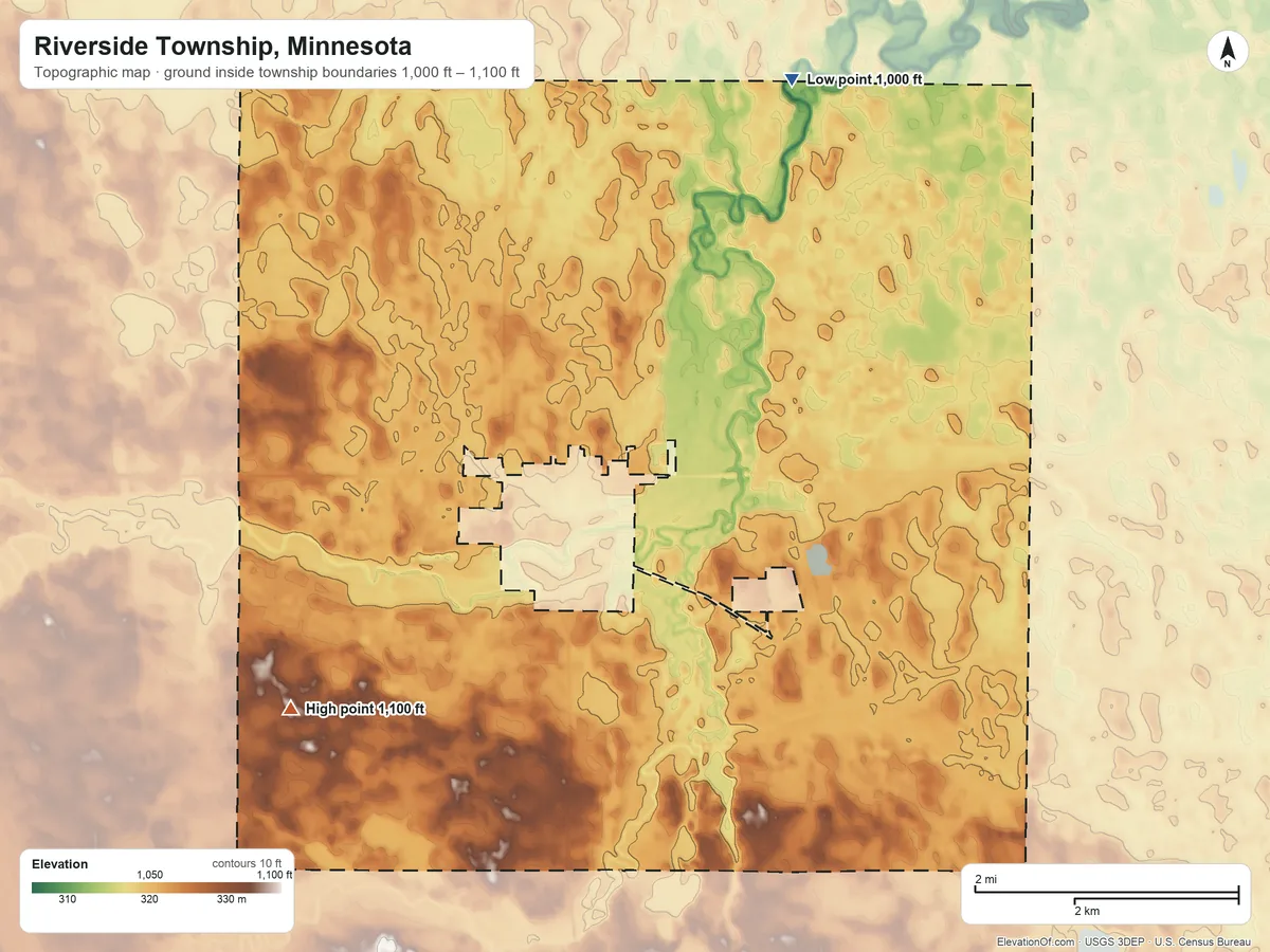 Topographic elevation map of Riverside Township, Minnesota, shaded from 1,000 ft on the northeast side to 1,100 ft on the southwest side
