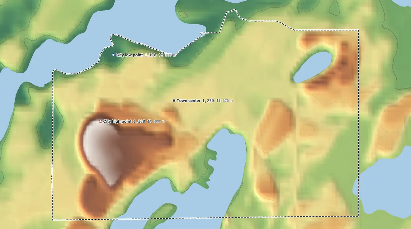 Topographic elevation map of Riverton, Minnesota, shaded from 1,170 ft on the northwest side to 1,320 ft on the west side