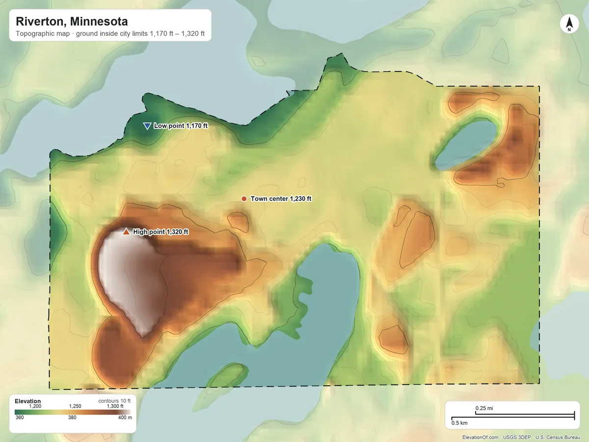 Topographic elevation map of Riverton, Minnesota, shaded from 1,170 ft on the northwest side to 1,320 ft on the west side