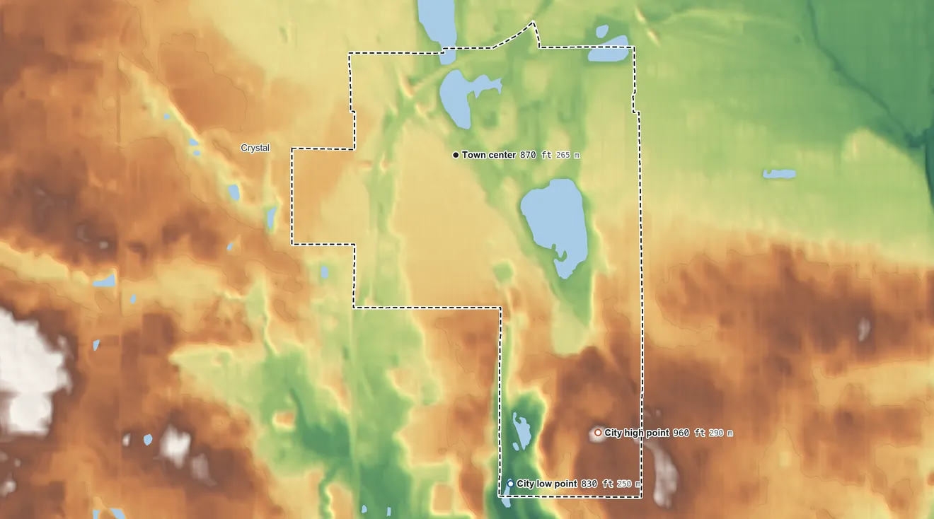 Topographic elevation map of Robbinsdale, Minnesota, shaded from 830 ft on the south side to 960 ft on the southeast side