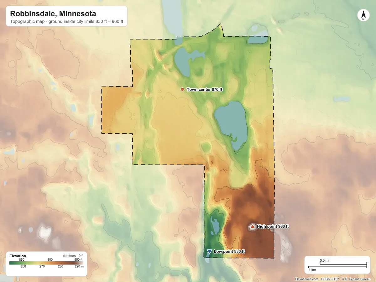 Topographic elevation map of Robbinsdale, Minnesota, shaded from 830 ft on the south side to 960 ft on the southeast side