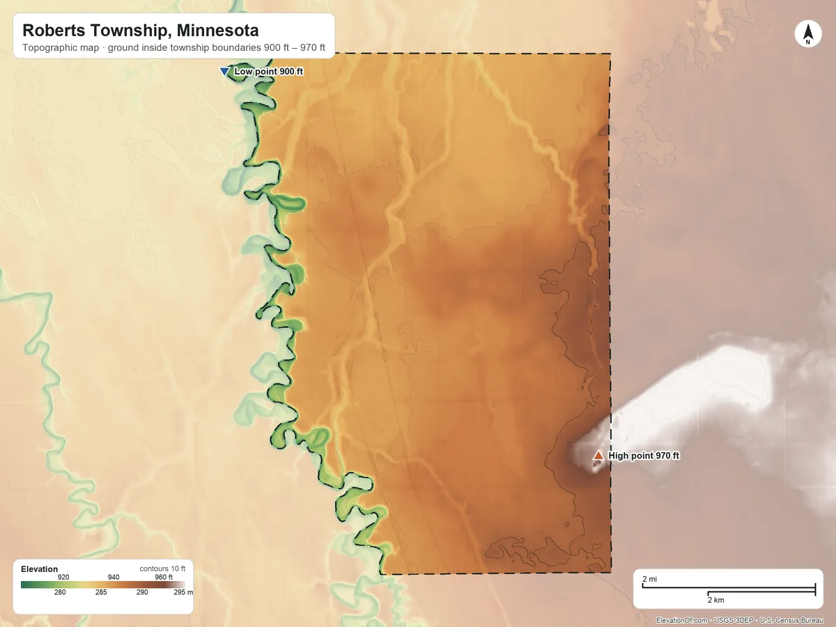 Topographic elevation map of Roberts Township, Minnesota, shaded from 900 ft on the northwest side to 970 ft on the southeast side