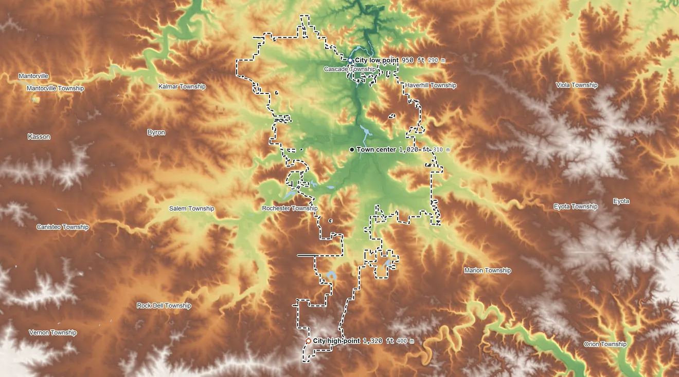 Topographic elevation map of Rochester, Minnesota, shaded from 950 ft on the north side to 1,320 ft on the south side