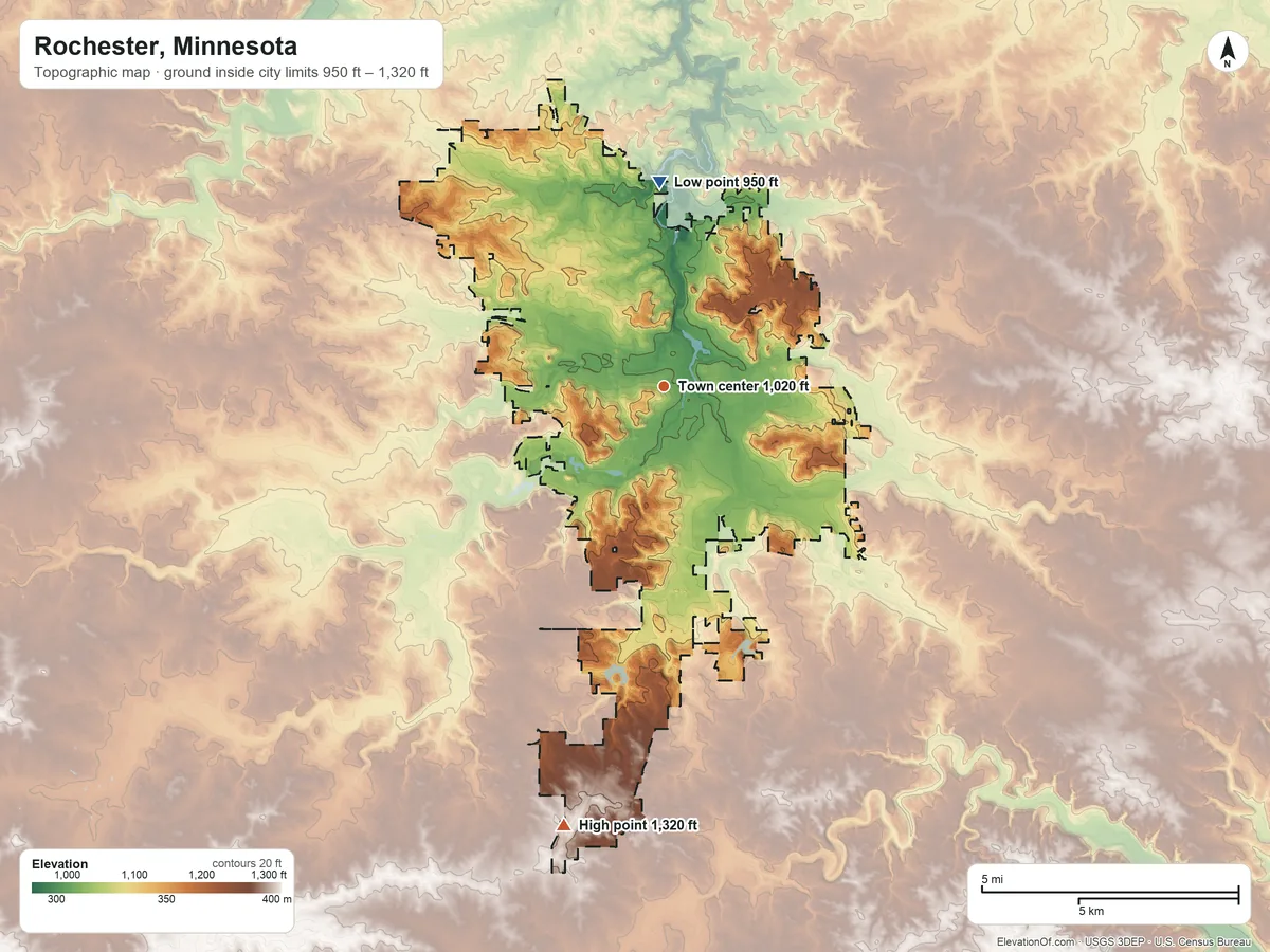 Topographic elevation map of Rochester, Minnesota, shaded from 950 ft on the north side to 1,320 ft on the south side
