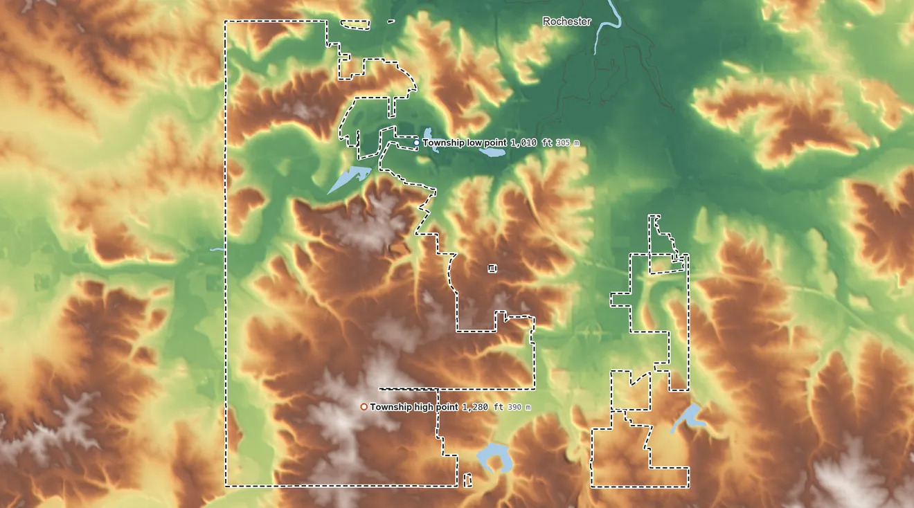 Topographic elevation map of Rochester Township, Minnesota, shaded from 1,010 ft on the northeast side to 1,280 ft on the south side