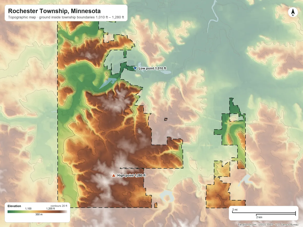 Topographic elevation map of Rochester Township, Minnesota, shaded from 1,010 ft on the northeast side to 1,280 ft on the south side