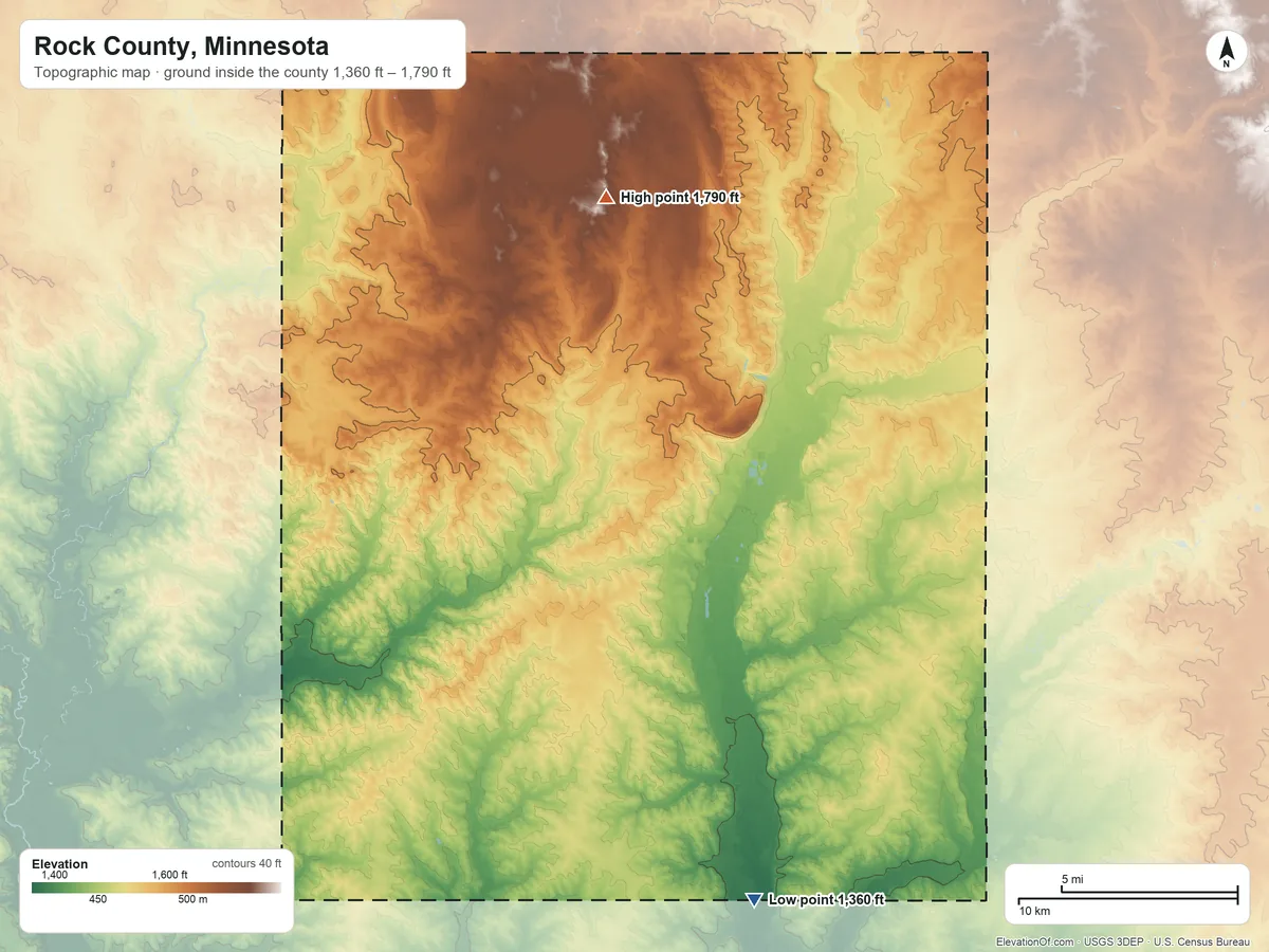 Topographic elevation map of Rock County, Minnesota, shaded from 1,360 ft on the south side to 1,790 ft on the north side