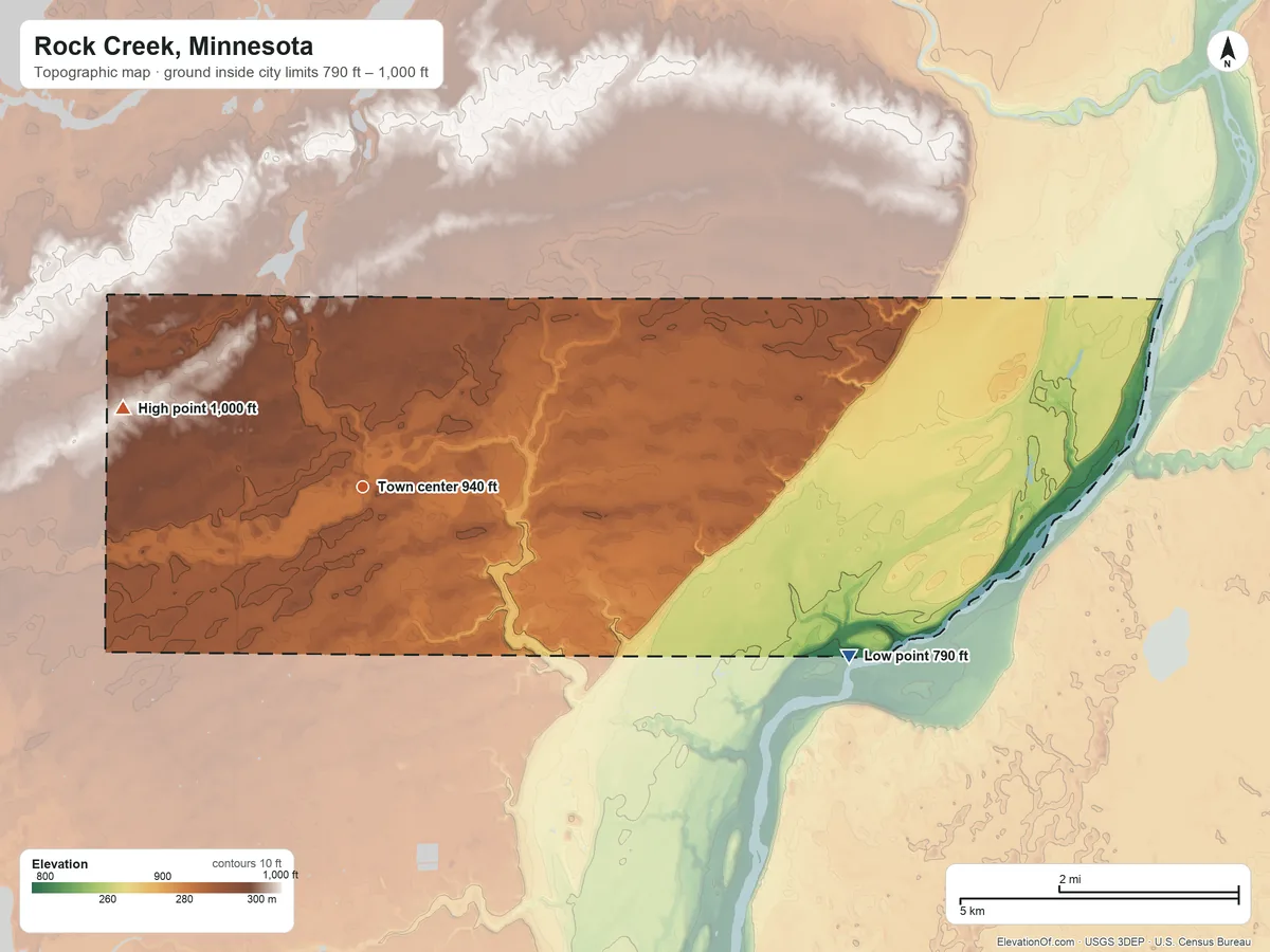 Topographic elevation map of Rock Creek, Minnesota, shaded from 790 ft on the east side to 1,000 ft on the west side
