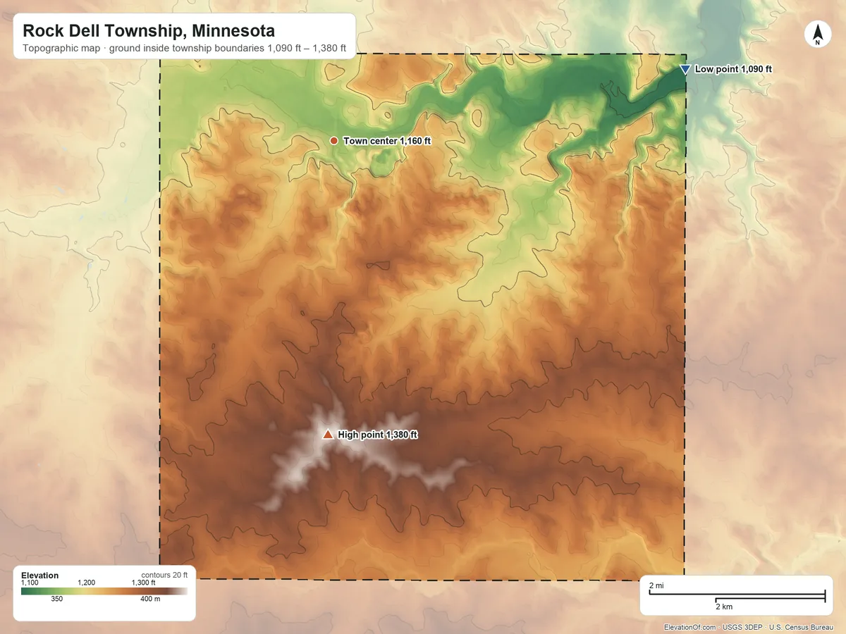 Topographic elevation map of Rock Dell Township, Minnesota, shaded from 1,090 ft on the east side to 1,380 ft on the south side