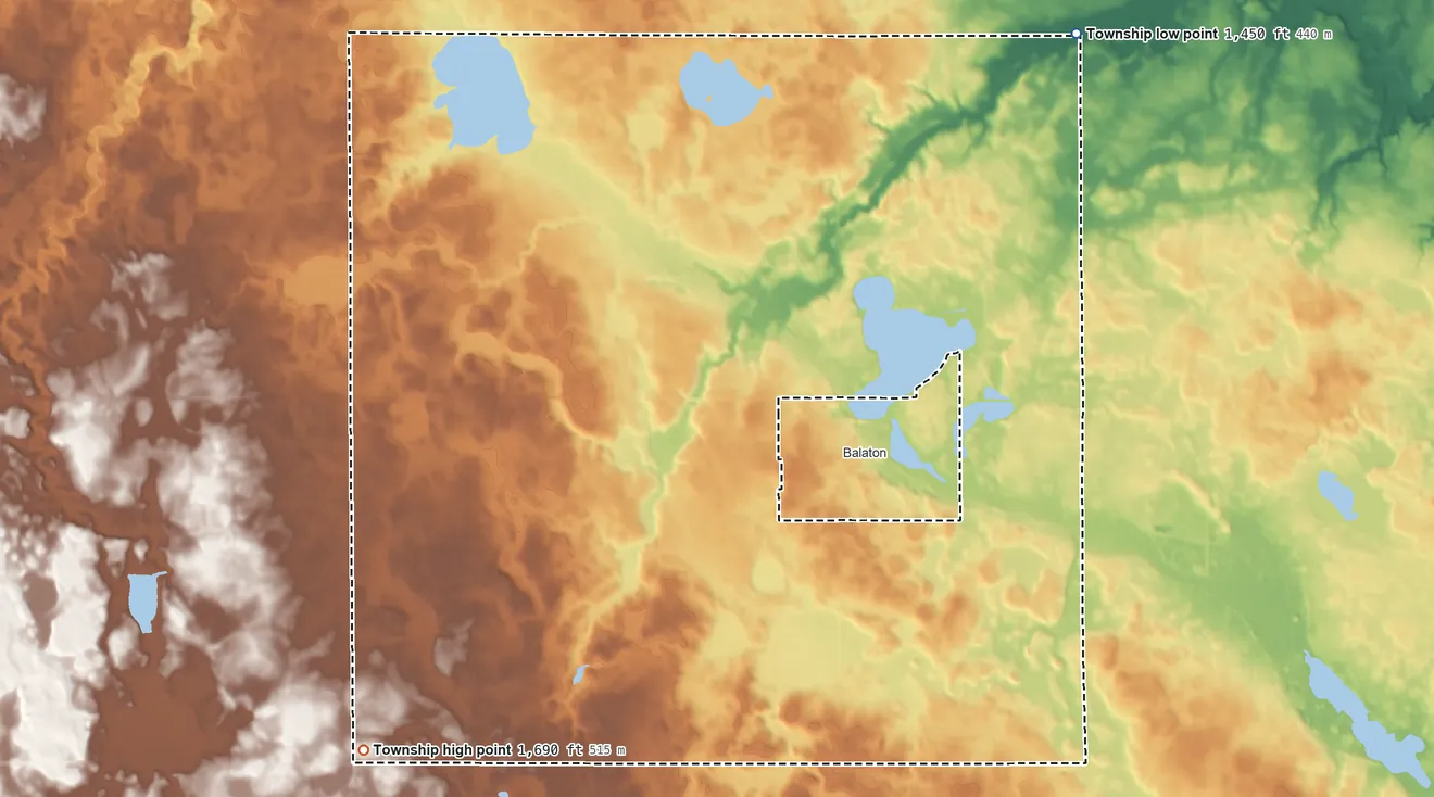 Topographic elevation map of Rock Lake Township, Minnesota, shaded from 1,450 ft on the northeast side to 1,690 ft on the southwest side