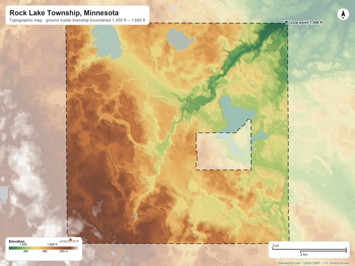 Topographic elevation map of Rock Lake Township, Minnesota, shaded from 1,450 ft on the northeast side to 1,690 ft on the southwest side