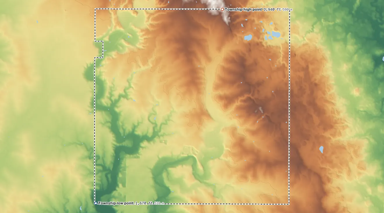 Topographic elevation map of Rock Township, Minnesota, shaded from 1,670 ft on the southwest side to 1,940 ft on the north side