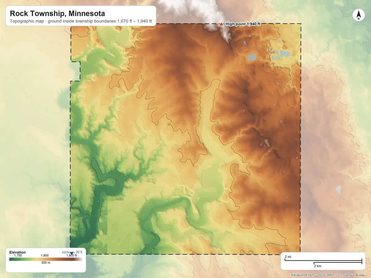 Topographic elevation map of Rock Township, Minnesota, shaded from 1,670 ft on the southwest side to 1,940 ft on the north side