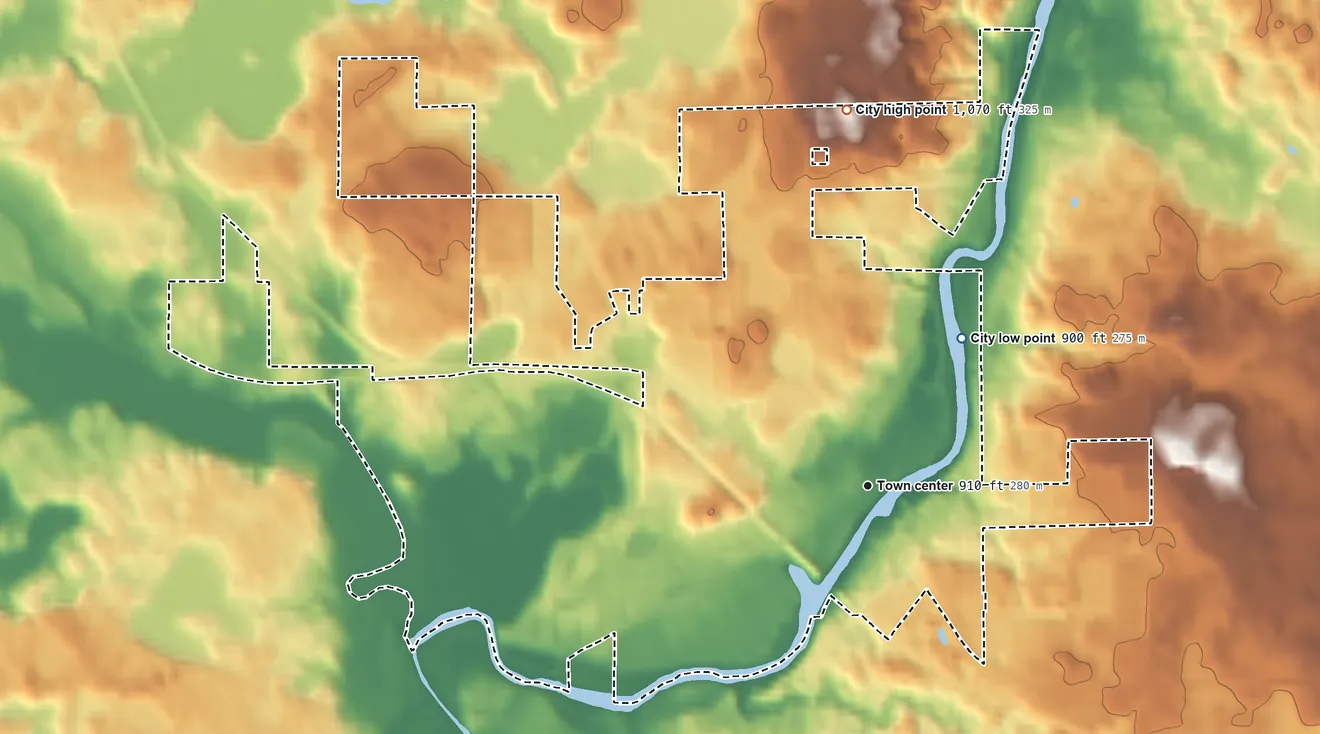 Topographic elevation map of Rockford, Minnesota, shaded from 900 ft on the northeast side to 1,070 ft on the north side