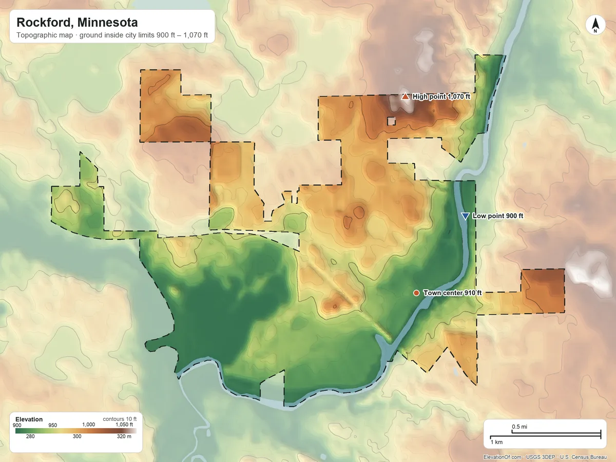 Topographic elevation map of Rockford, Minnesota, shaded from 900 ft on the northeast side to 1,070 ft on the north side