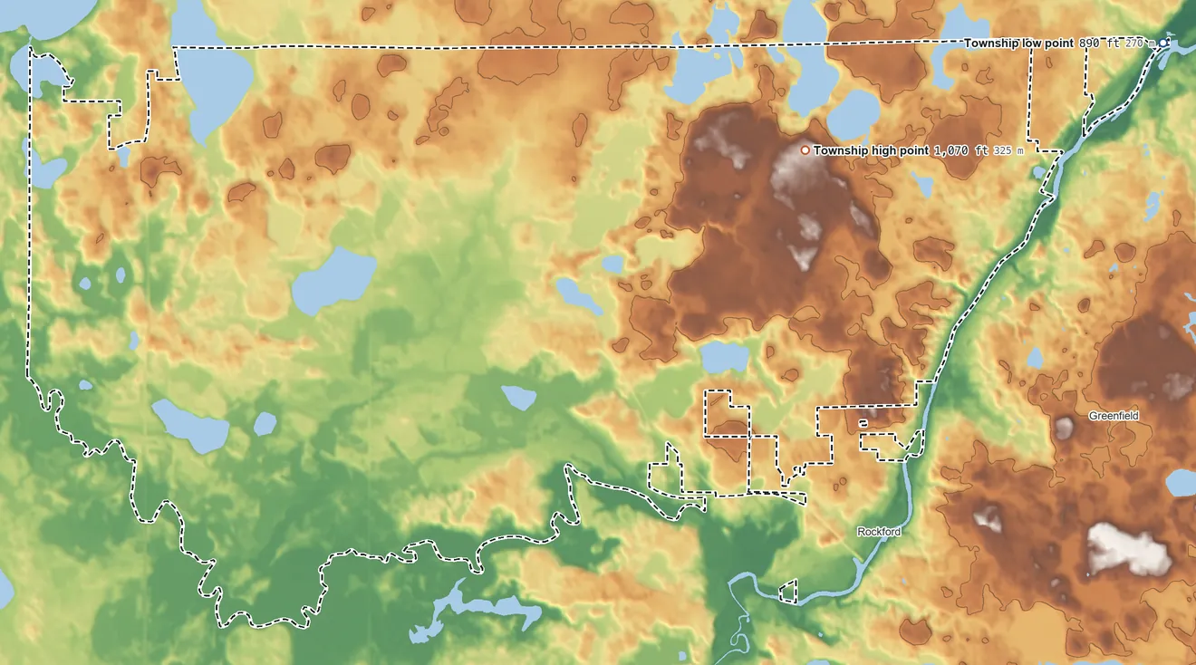 Topographic elevation map of Rockford Township, Minnesota, shaded from 890 ft on the east side to 1,070 ft on the northeast side