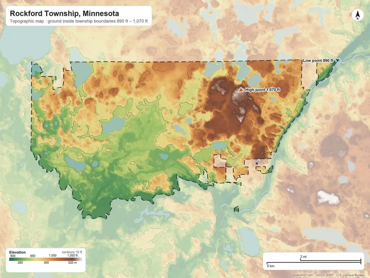 Topographic elevation map of Rockford Township, Minnesota, shaded from 890 ft on the east side to 1,070 ft on the northeast side
