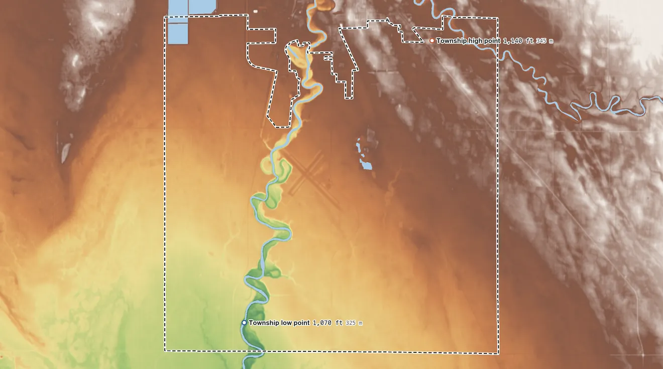 Topographic elevation map of Rocksbury Township, Minnesota, shaded from 1,070 ft on the southwest side to 1,140 ft on the northeast side