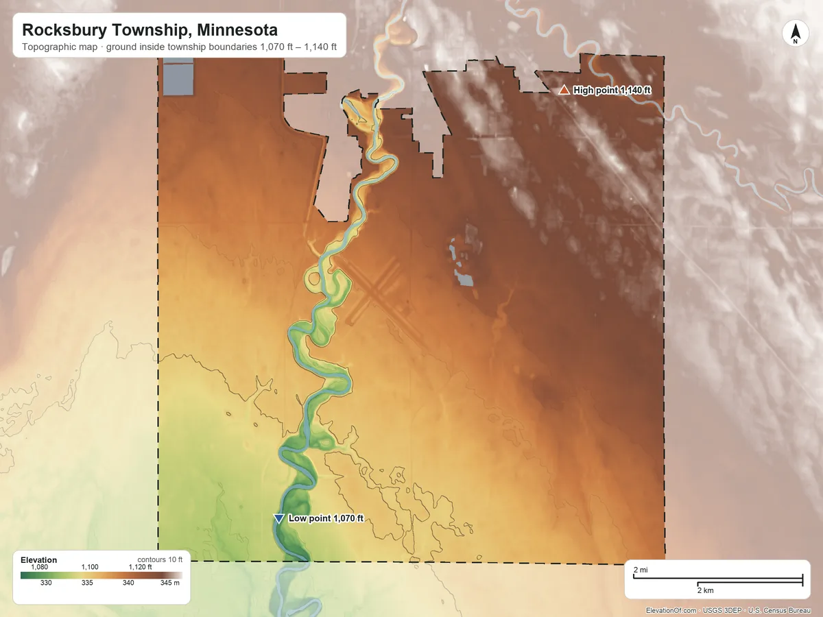 Topographic elevation map of Rocksbury Township, Minnesota, shaded from 1,070 ft on the southwest side to 1,140 ft on the northeast side