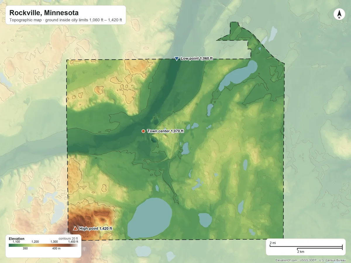 Topographic elevation map of Rockville, Minnesota, shaded from 1,060 ft on the northeast side to 1,420 ft on the southwest side