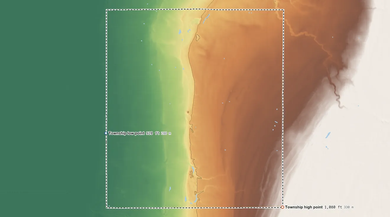 Topographic elevation map of Rockwell Township, Minnesota, shaded from 920 ft on the west side to 1,080 ft on the southeast side