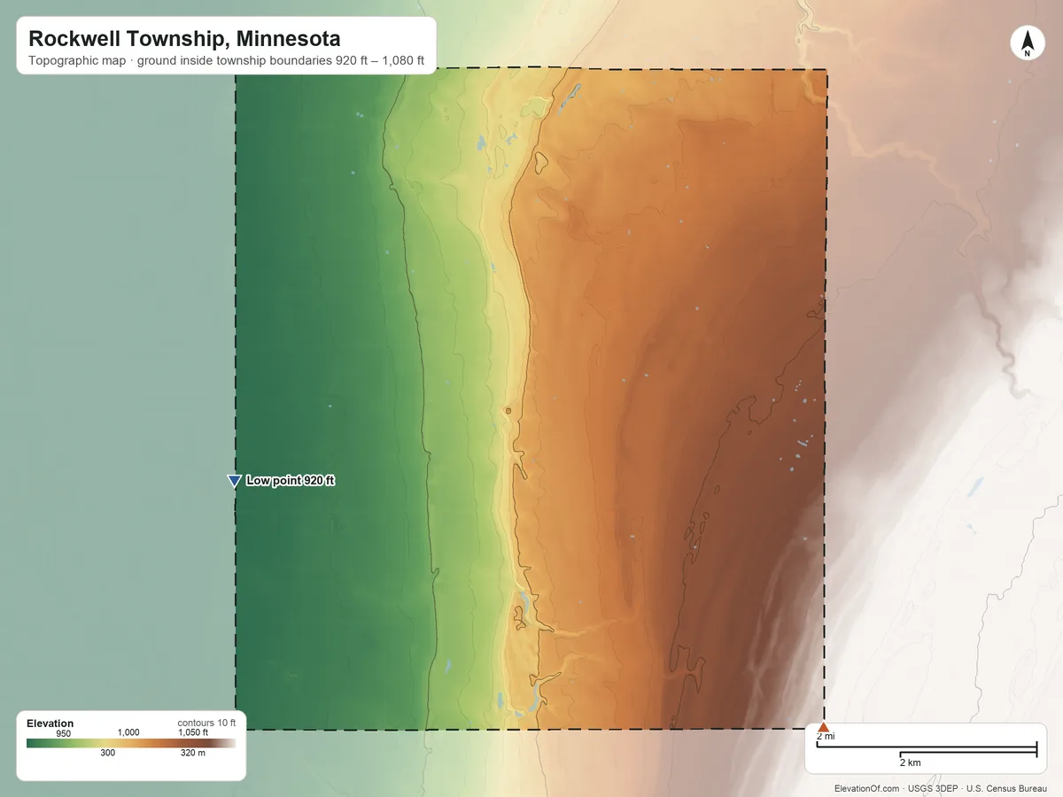 Topographic elevation map of Rockwell Township, Minnesota, shaded from 920 ft on the west side to 1,080 ft on the southeast side