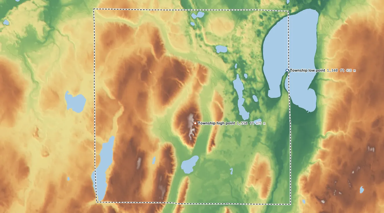 Topographic elevation map of Rockwood Township, Hubbard County, Minnesota, shaded from 1,340 ft on the east side to 1,550 ft on the south side