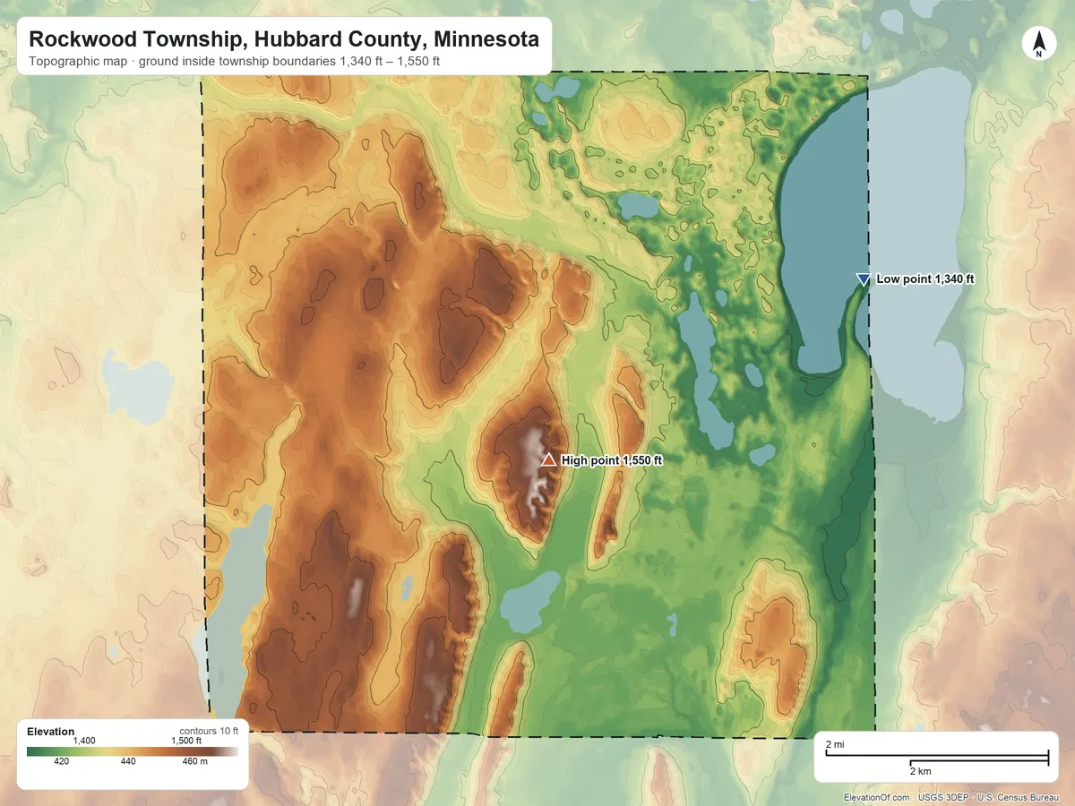 Topographic elevation map of Rockwood Township, Hubbard County, Minnesota, shaded from 1,340 ft on the east side to 1,550 ft on the south side