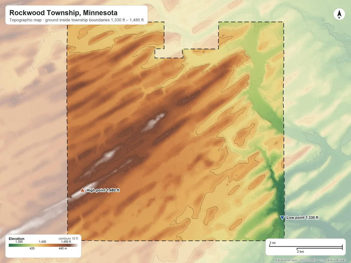 Topographic elevation map of Rockwood Township, Minnesota, shaded from 1,330 ft on the southeast side to 1,480 ft on the southwest side