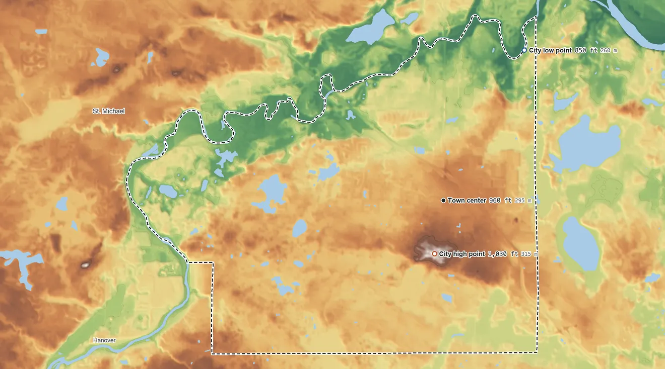 Topographic elevation map of Rogers, Minnesota, shaded from 850 ft on the northeast side to 1,030 ft on the south side