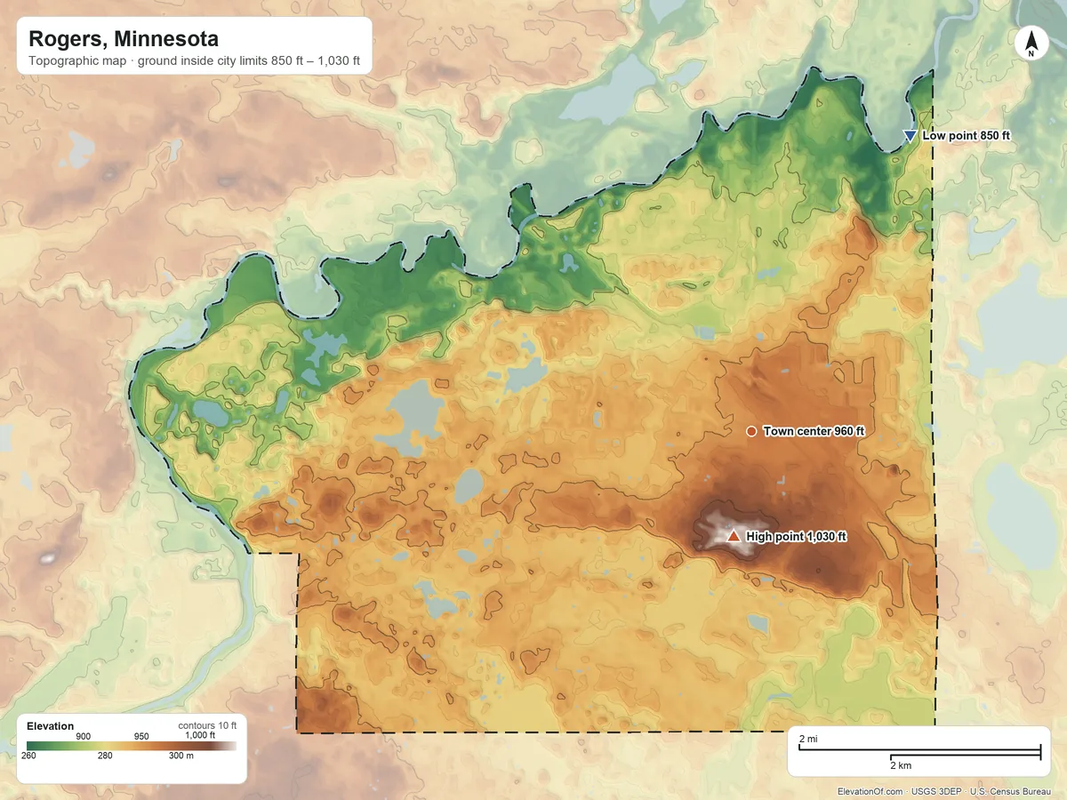 Topographic elevation map of Rogers, Minnesota, shaded from 850 ft on the northeast side to 1,030 ft on the south side