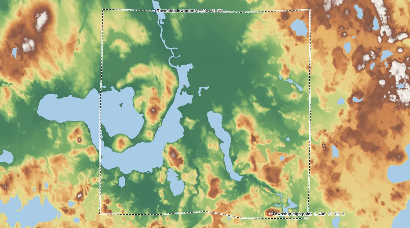 Topographic elevation map of Rogers Township, Minnesota, shaded from 1,290 ft on the north side to 1,400 ft on the southeast side