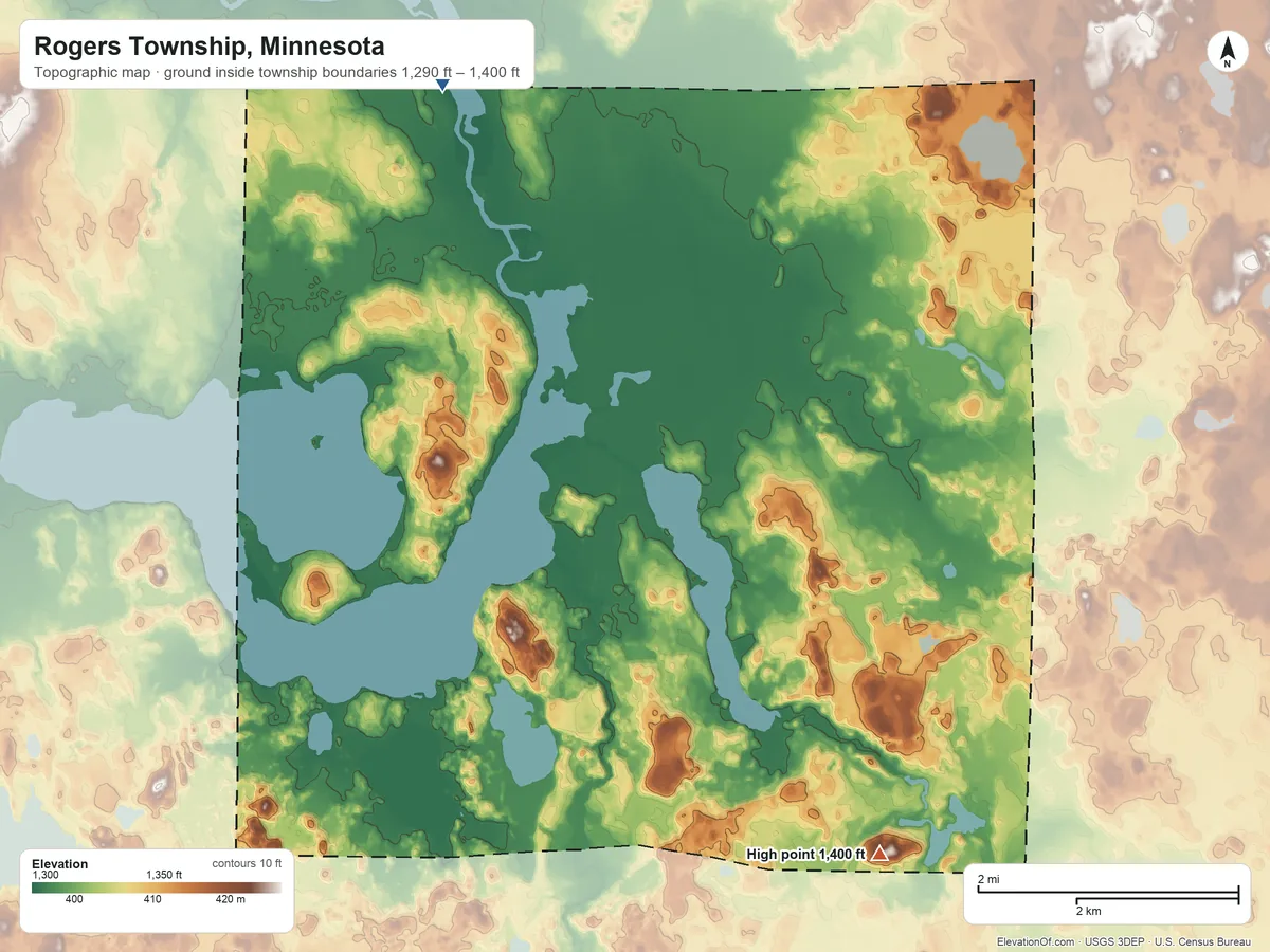 Topographic elevation map of Rogers Township, Minnesota, shaded from 1,290 ft on the north side to 1,400 ft on the southeast side