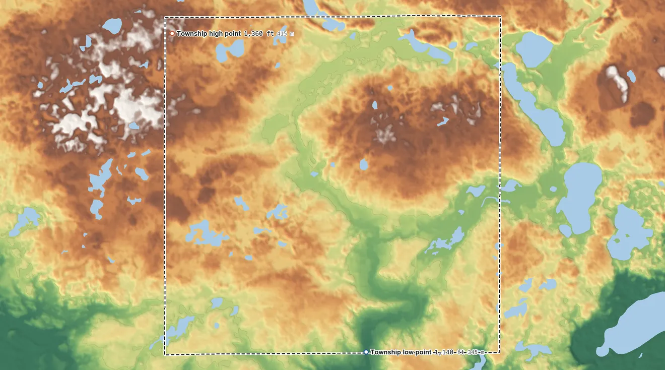 Topographic elevation map of Rolling Forks Township, Minnesota, shaded from 1,140 ft on the south side to 1,360 ft on the northwest side
