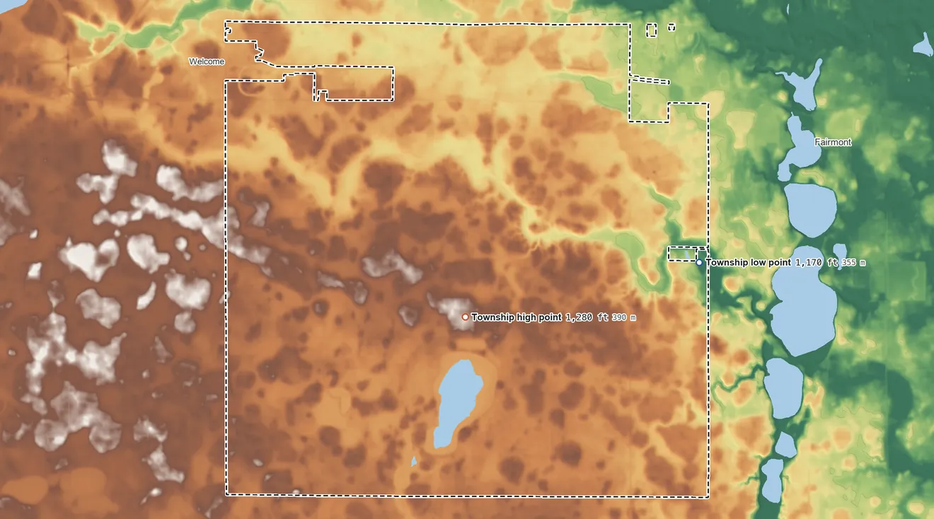 Topographic elevation map of Rolling Green Township, Minnesota, shaded from 1,170 ft on the east side to 1,280 ft near the middle