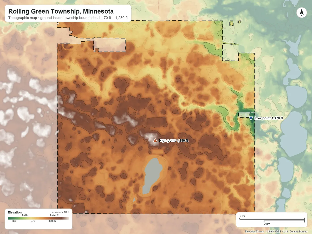 Topographic elevation map of Rolling Green Township, Minnesota, shaded from 1,170 ft on the east side to 1,280 ft near the middle