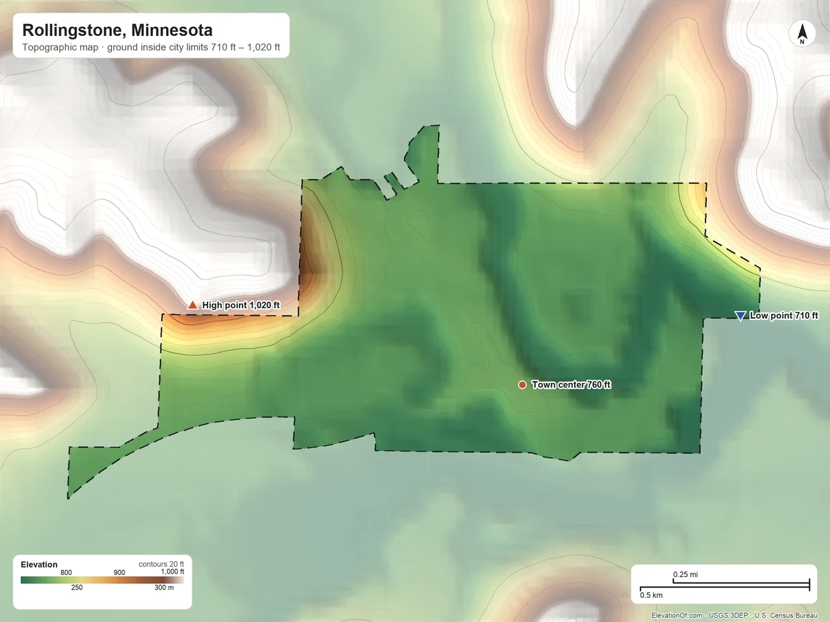 Topographic elevation map of Rollingstone, Minnesota, shaded from 710 ft on the east side to 1,020 ft on the west side