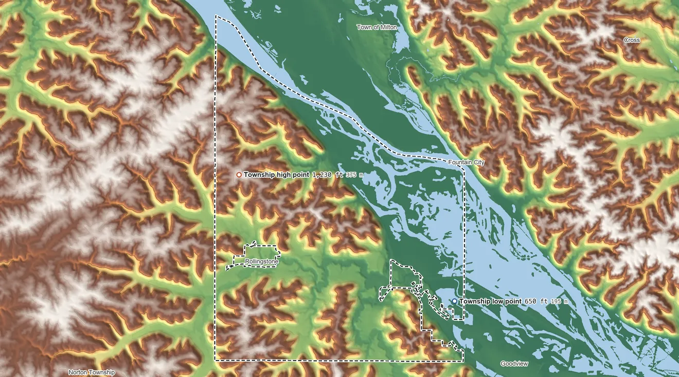 Topographic elevation map of Rollingstone Township, Minnesota, shaded from 650 ft on the east side to 1,230 ft on the northwest side