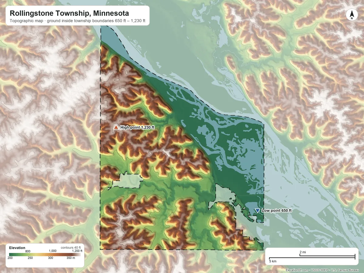 Topographic elevation map of Rollingstone Township, Minnesota, shaded from 650 ft on the east side to 1,230 ft on the northwest side