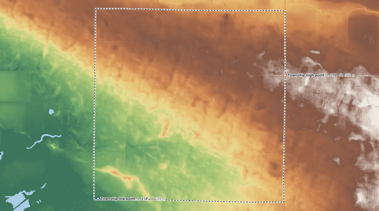 Topographic elevation map of Rollis Township, Minnesota, shaded from 1,150 ft on the southwest side to 1,190 ft on the east side