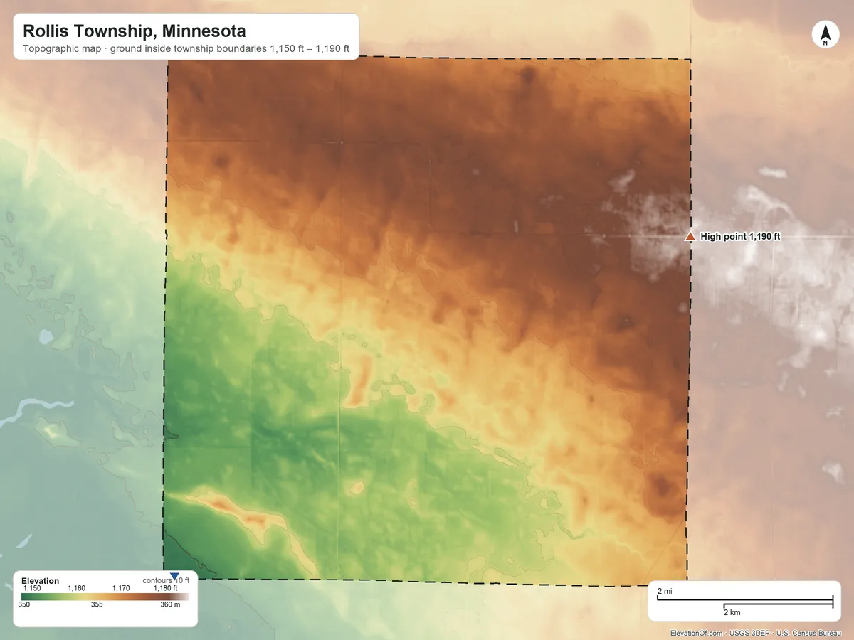 Topographic elevation map of Rollis Township, Minnesota, shaded from 1,150 ft on the southwest side to 1,190 ft on the east side