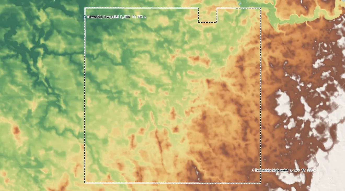 Topographic elevation map of Rome Township, Minnesota, shaded from 1,100 ft on the northwest side to 1,170 ft on the southeast side