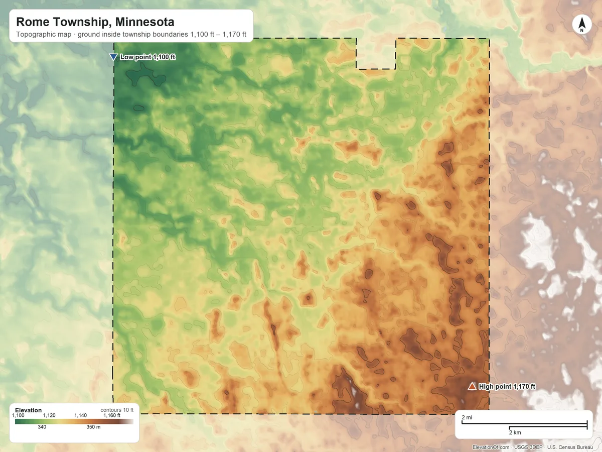 Topographic elevation map of Rome Township, Minnesota, shaded from 1,100 ft on the northwest side to 1,170 ft on the southeast side