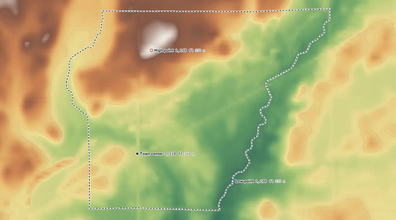 Topographic elevation map of Ronneby, Minnesota, shaded from 1,100 ft on the east side to 1,140 ft on the north side