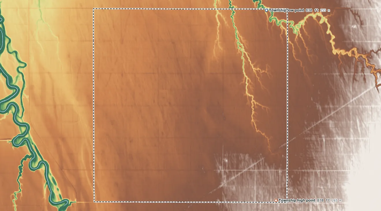 Topographic elevation map of Roome Township, Minnesota, shaded from 830 ft on the northeast side to 870 ft on the southeast side