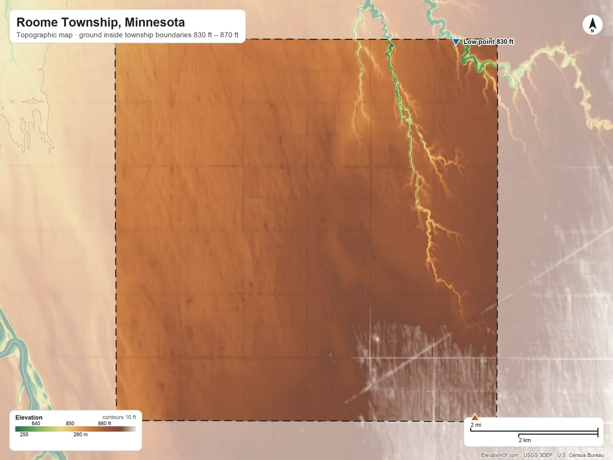 Topographic elevation map of Roome Township, Minnesota, shaded from 830 ft on the northeast side to 870 ft on the southeast side