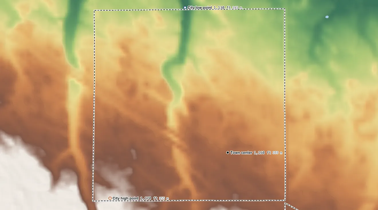 Topographic elevation map of Roosevelt, Minnesota, shaded from 1,130 ft on the north side to 1,170 ft on the west side