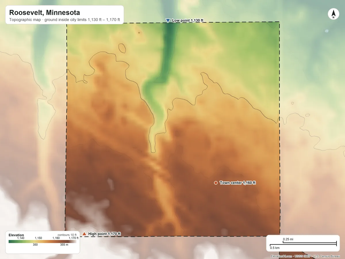 Topographic elevation map of Roosevelt, Minnesota, shaded from 1,130 ft on the north side to 1,170 ft on the west side