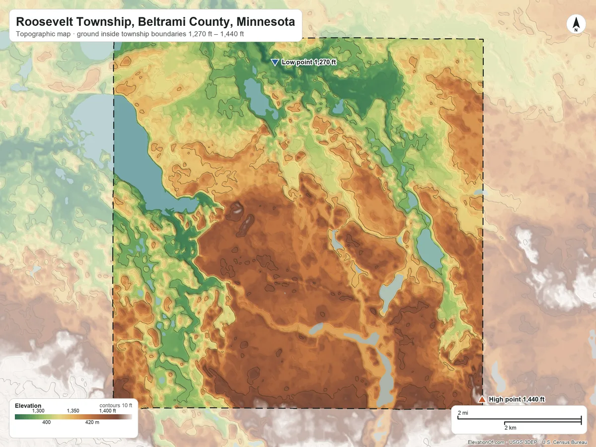 Topographic elevation map of Roosevelt Township, Beltrami County, Minnesota, shaded from 1,270 ft on the north side to 1,440 ft on the southeast side